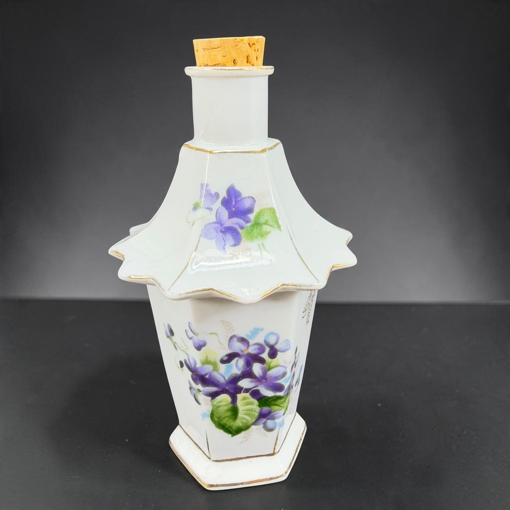 L&M Bond China Vintage Hexagon Porcelain Bottle Violets Butterfly Gold Trim 6in
